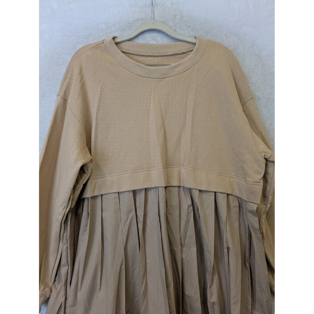 Pleated Sweatshirt Dress Women's Medium Cozy Tan Long Sleeve - Picture 4 of 8